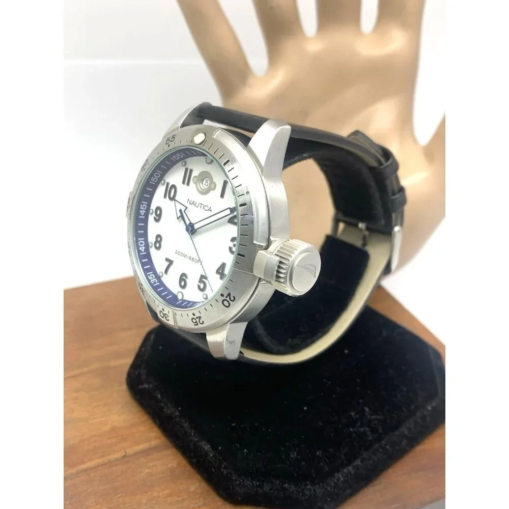 Nautica Men's Watch N14524 Quartz White Dial Date Black Leather Band 46mm
